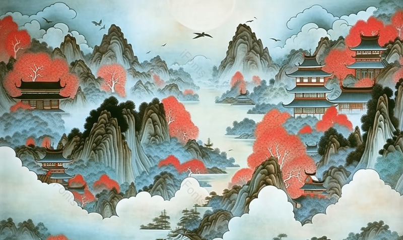 灰色手绘中国风水墨画亭台楼阁背景,插画/手绘图,插画/手绘图库,插画/手绘图下载,插画/手绘